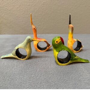 Vintage Hand Painted Wooden Bird Napkin Rings Set of 4 Tropical Folk Art Decor